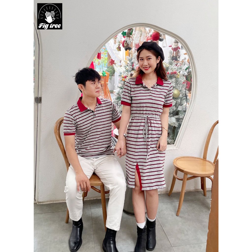 Set Áo Váy Đôi Fig Tree Kiểu dáng Polo Thun Sọc Đỏ Xám Mềm Mát, Hàng thiết kế Tôn Dáng, Có size