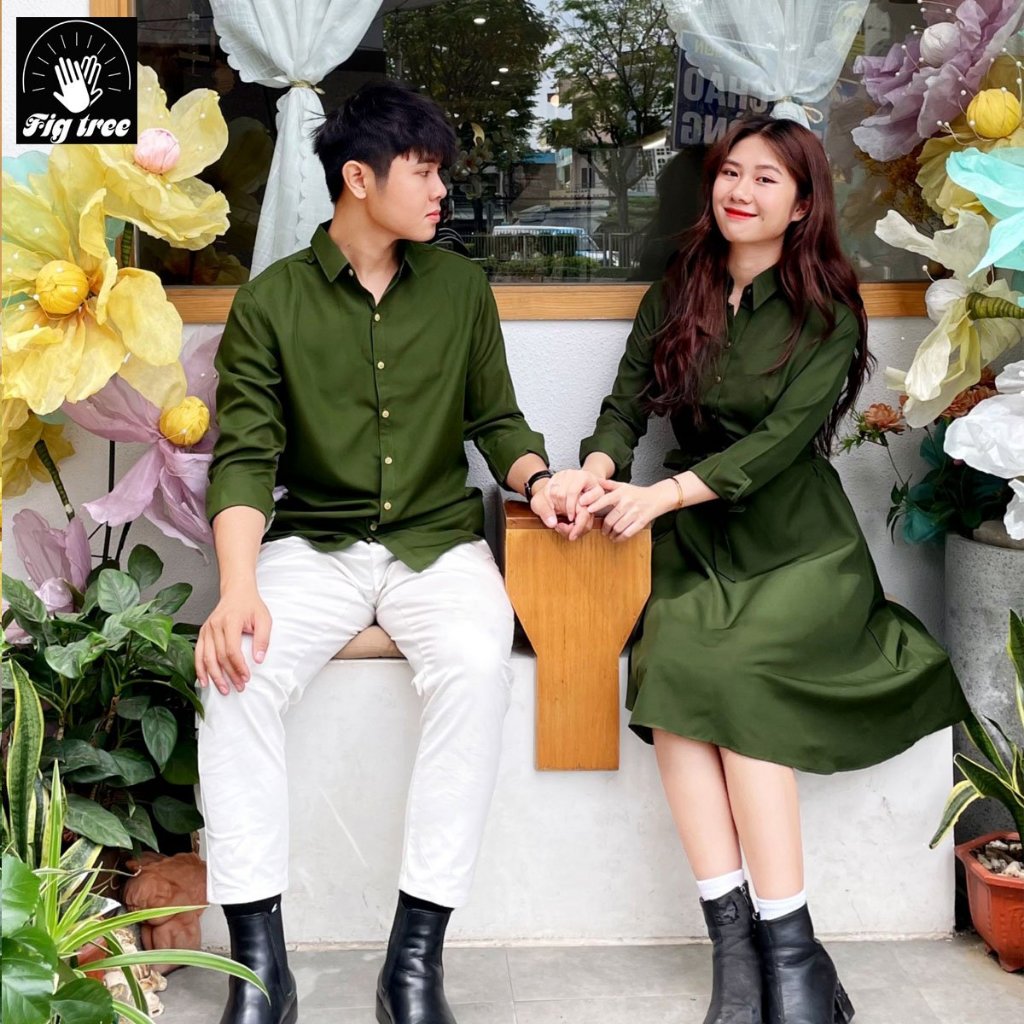 Set Sơ Mi Váy Đôi Fig Tree Màu Xanh Olive Kèm Feedback Siêu Xịn