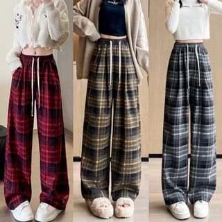 Quần Dạ Kẻ Dây Rút Ống Rộng Vải Dầy Dặn Mềm Mại Lưng Chun Co Giãn Quần Kẻ Caro Form Rộng Ulzzang MA97