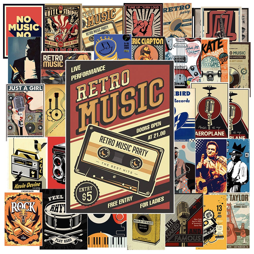 Set 50 cái Sticker Music Retro, Hình Dán các loại nhạc cụ chống nước ...