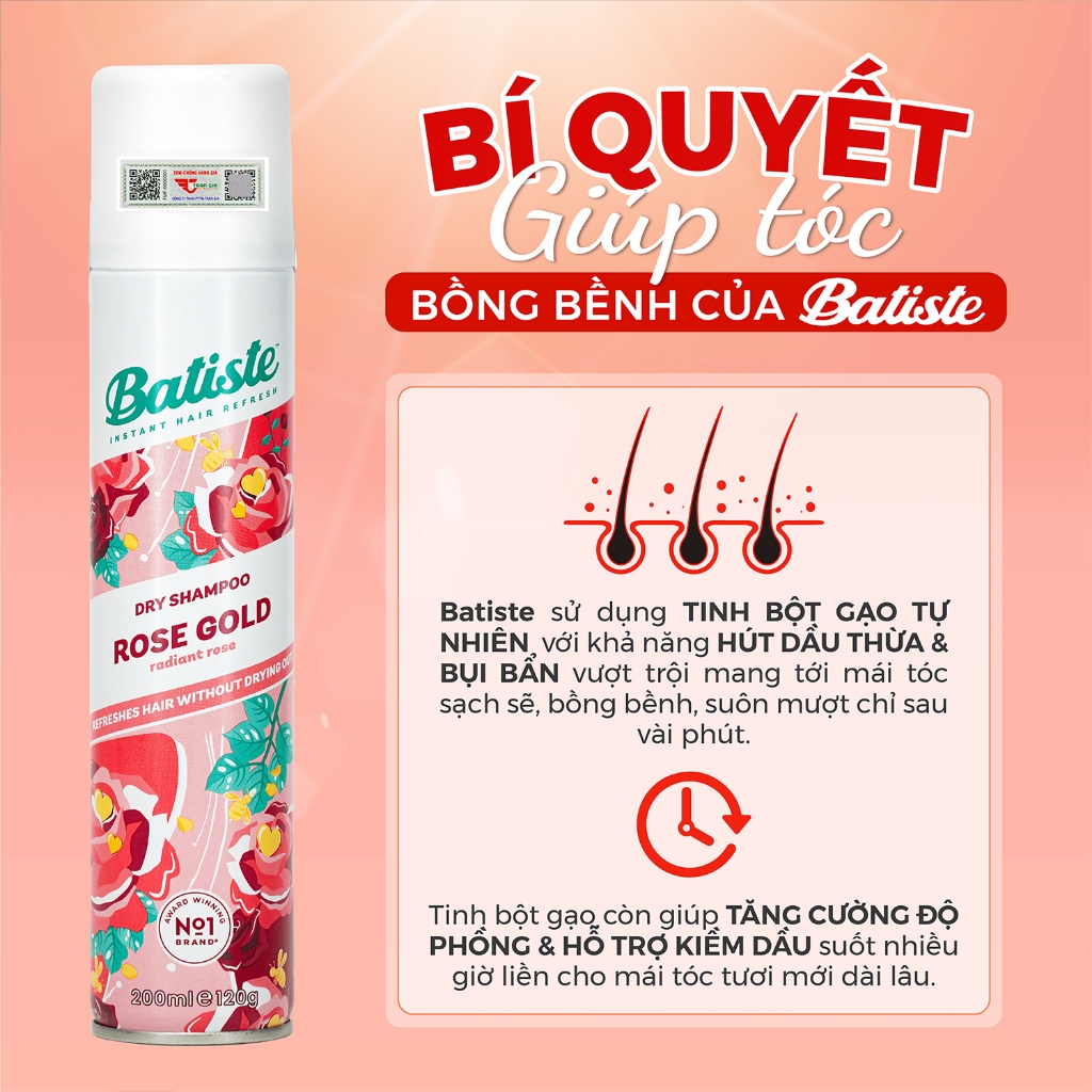 Ảnh Dầu Gội Khô Batiste Hương Hoa Hồng - Batiste Dry Shampoo Rose Gold Radiant Rose 200ml 4