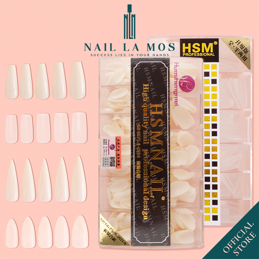 Móng up HSM chính hãng loại mặt nhám sẵn - Hộp 500 móng ốp đủ size, đủ phom thang, vuông, nhọn, tròn nhọn