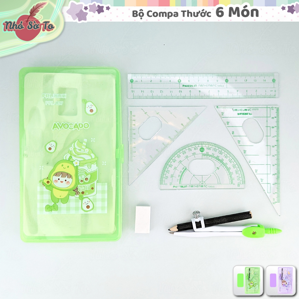 bộ Compa Thước Kẻ Gôm 6 Món dụng cụ học tập toán học PRL-837, bộ văn ...