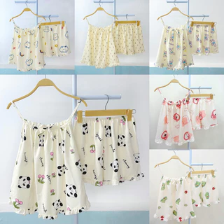 Set bộ đồ ngủ hai dây chất đũi xốp mềm và cotton hàn thoáng mát bốn mùa nhiều họa tiết - LAEM SAIGON