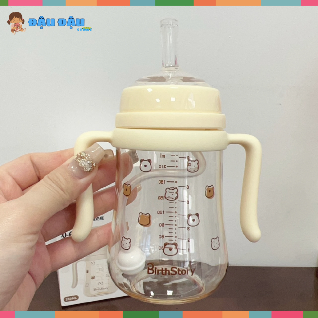 Ống hút quả tạ, Bình tập hút mẫu mới cho bé - Bình ti họa tiết ngộ nghĩnh cho bé Birth Story Đậu Đậu Store
