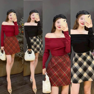 Set áo trễ vai tay dài chân váy dạ caro 2màu đỏ đen