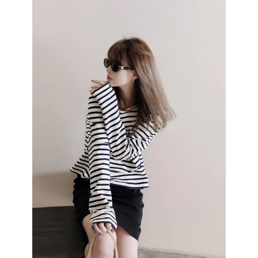 Áo Thun Dài Tay Cổ Thuyền Sọc Trắng Đen JULY Fashion, Áo thun Kiểu kẻ sọc ngang tay dài vải cotton 100% dày dặn