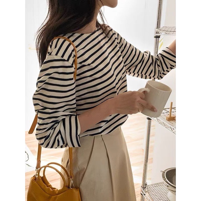 Áo Thun Dài Tay Cổ Thuyền Sọc Trắng Đen JULY Fashion, Áo thun Kiểu kẻ sọc ngang tay dài vải cotton 100% dày dặn