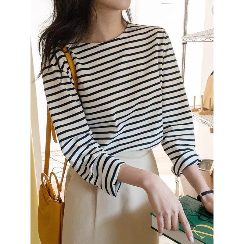 Áo Thun Dài Tay Cổ Thuyền Sọc Trắng Đen JULY Fashion, Áo thun Kiểu kẻ sọc ngang tay dài vải cotton 100% dày dặn