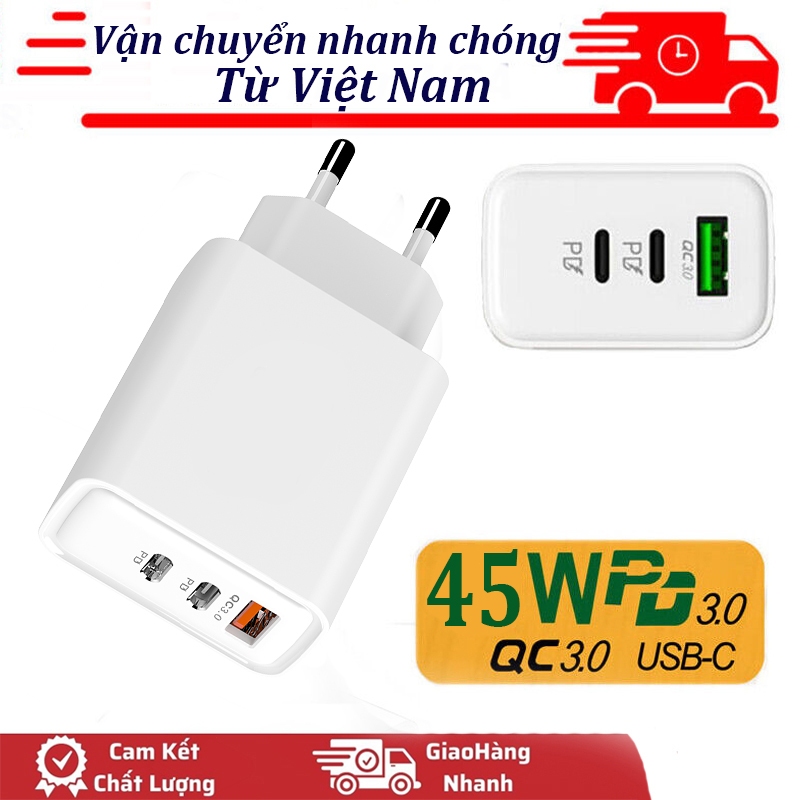 Củ sạc nhanh 45W 3 cổng type c QC 3.0 và usb Bộ sạc dùng cho ip 11 12 13 14Pro Max xsmax Mini Ipod samsung xiaomi huawei