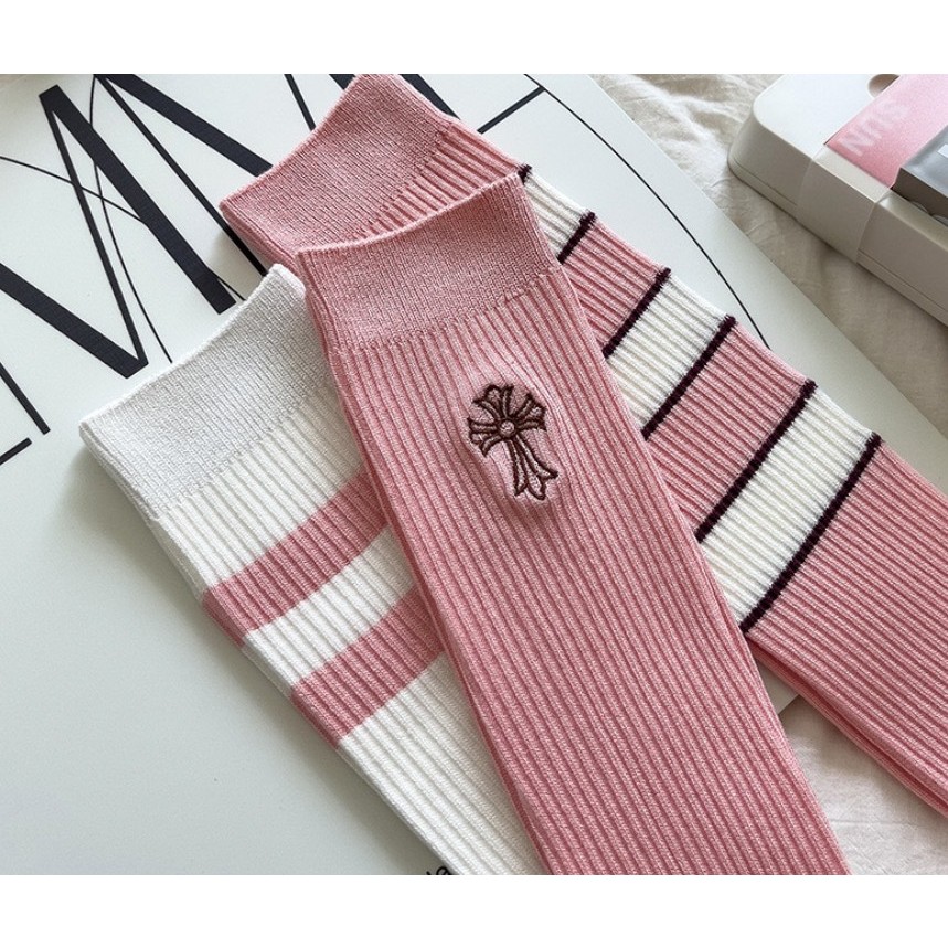 Vớ Tất siêu cao cổ họa tiết kẻ màu hồng phong cách dễ thương, xinh xắn