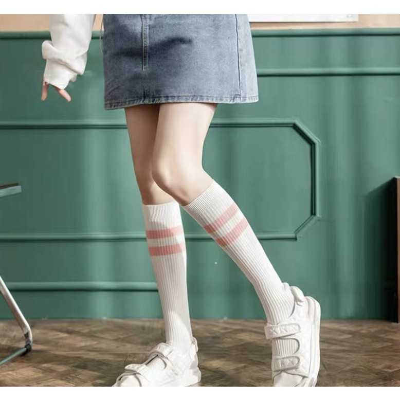 Vớ Tất siêu cao cổ họa tiết kẻ màu hồng phong cách dễ thương, xinh xắn