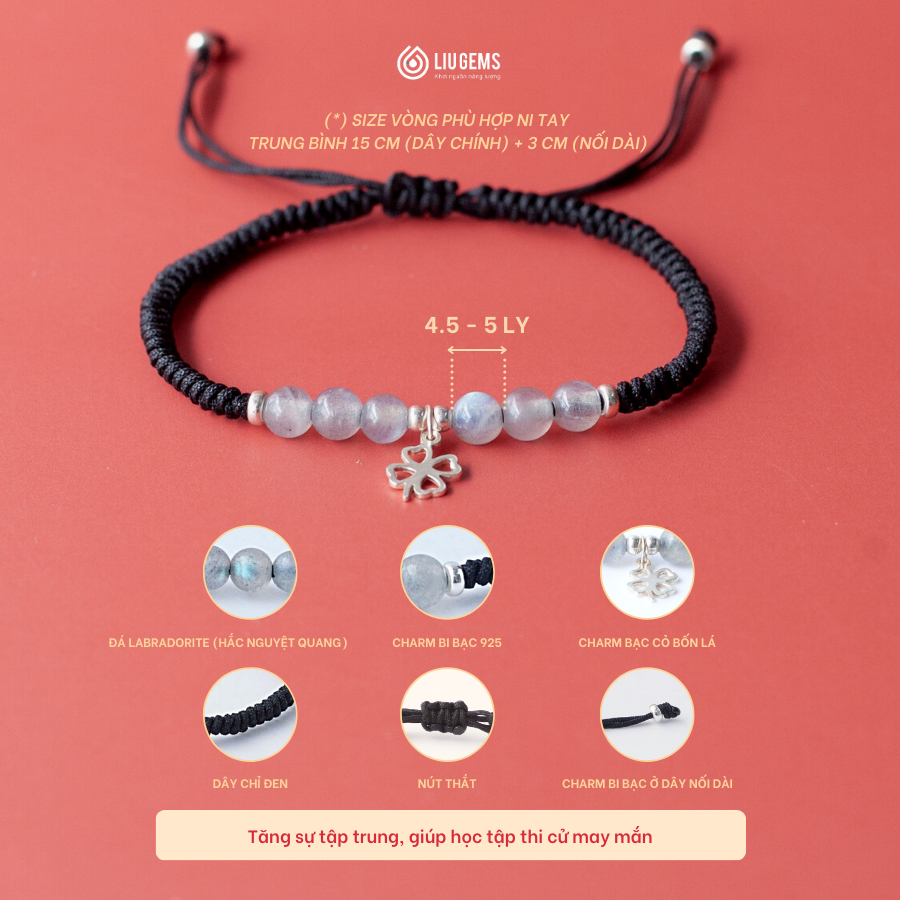 Vòng Tay Chỉ Đen May Mắn 6 Hạt Đá Phong Thuỷ Liugems Nam Nữ Mang Năng Lượng Tích Cực CD06