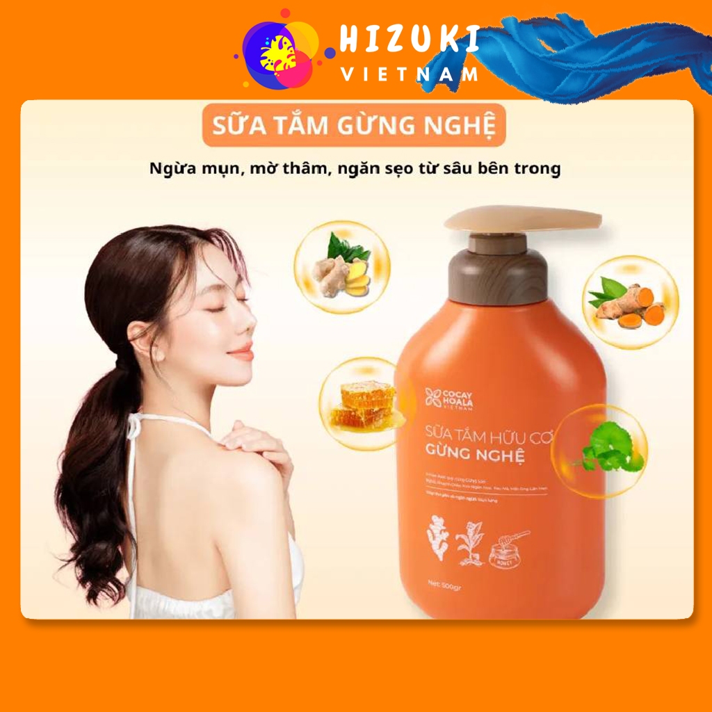 Sữa tắm gừng nghệ hữu cơ cocayhoala giúp giảm và tạm biệt mụn lưng chai 500g
