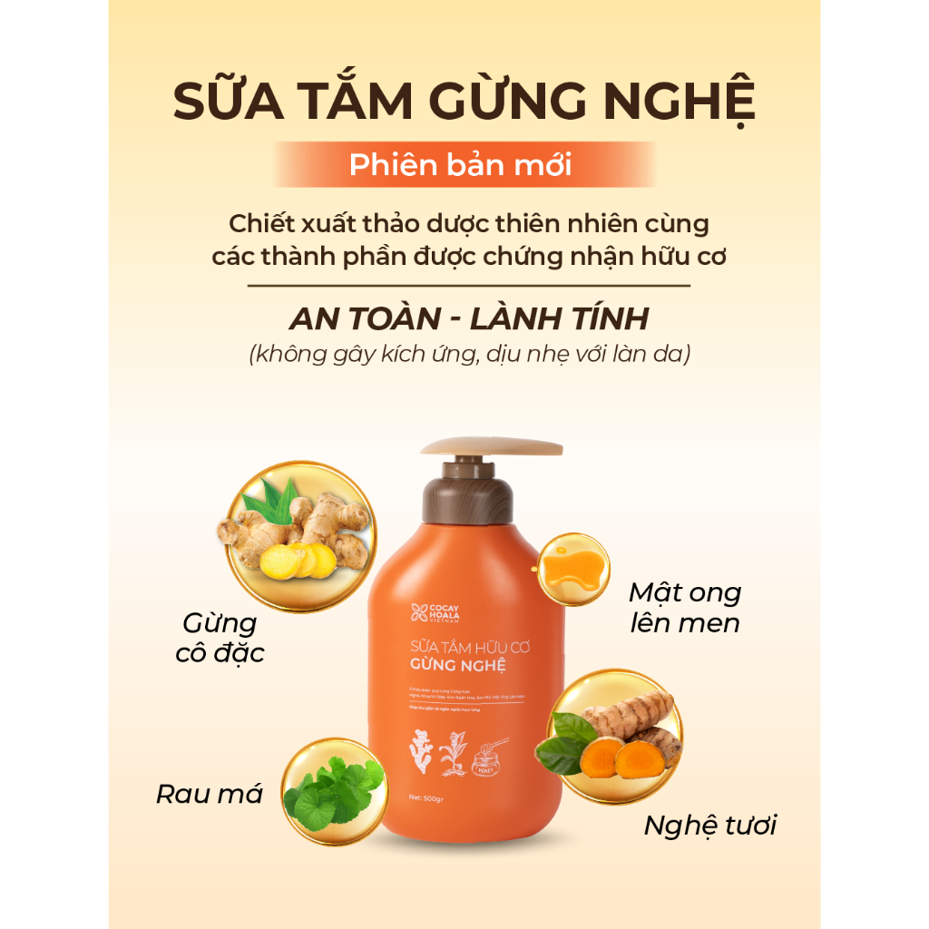 Sữa tắm gừng nghệ hữu cơ cocayhoala giúp giảm và tạm biệt mụn lưng chai 500g