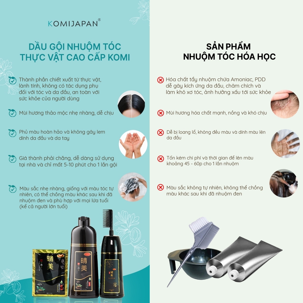 Dầu gội Komi Nhật Bản thảo dược thiên nhiên dạng lược chai 350ml giúp thay đổi màu tóc chỉ sau 30 phút gội