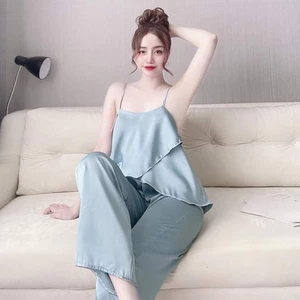 Đồ bộ ngủ nữ bộ ngủ nữ 2 dây đồ ngủ 2 dây dễ thương mặc nhà quần dài vải satin Freesize 54kg - CN07