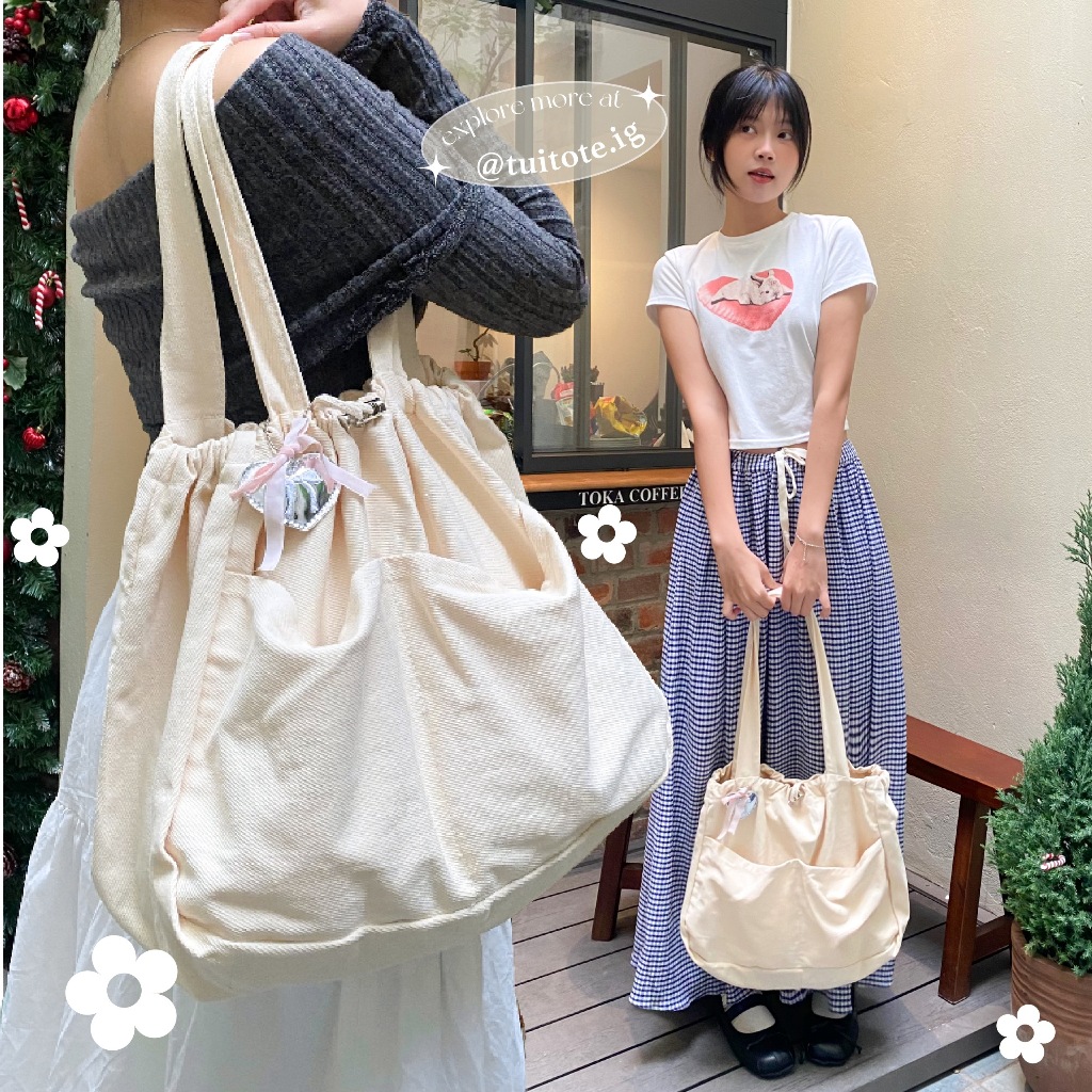 Túi đeo vai nữ, túi đi học, đi làm, miệng túi dây rút trendy, đựng vừa ...