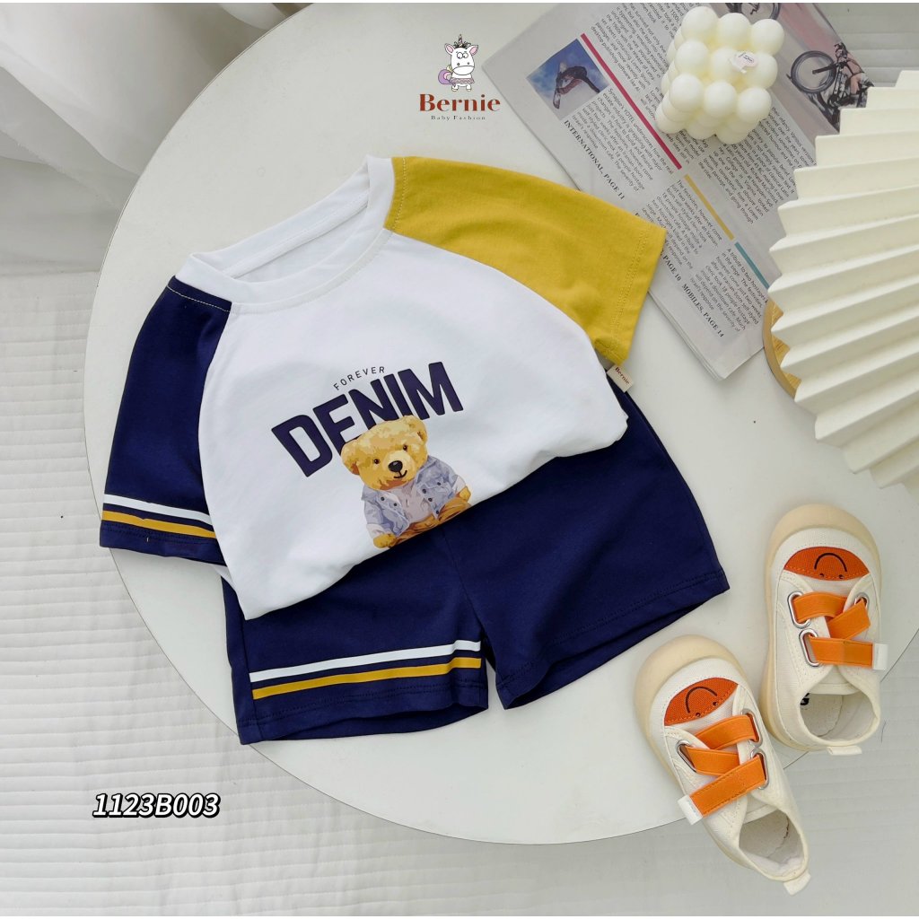 Bộ cotton cộc tay bé trai, bộ thun in hoạ tiết gấu cotton mềm mát cho bé