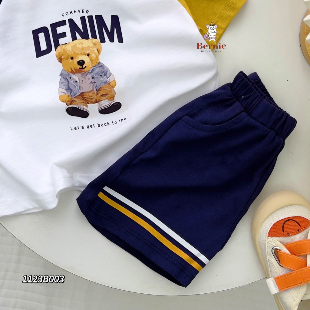 Bộ cotton cộc tay bé trai, bộ thun in hoạ tiết gấu cotton mềm mát cho bé