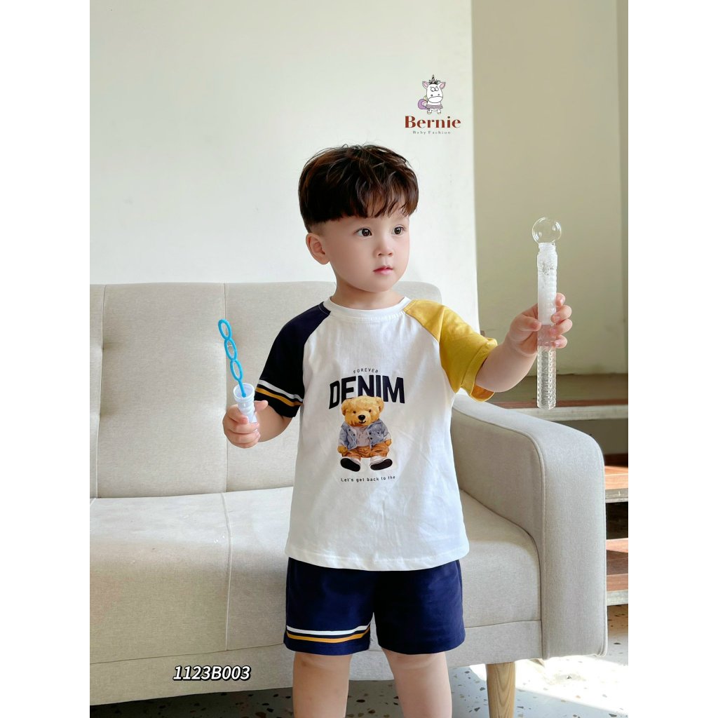 Bộ cotton cộc tay bé trai, bộ thun in hoạ tiết gấu cotton mềm mát cho bé
