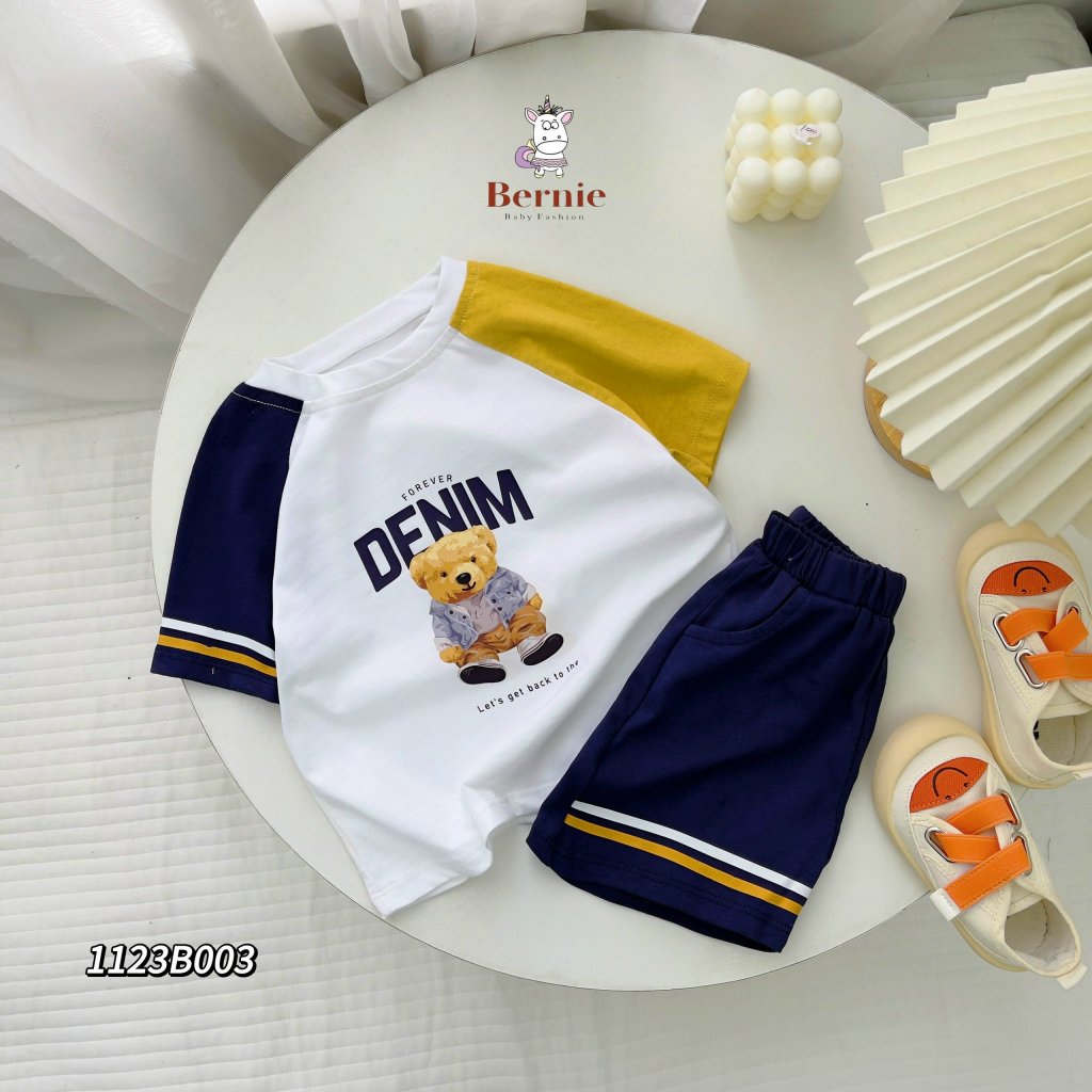 Bộ cotton cộc tay bé trai, bộ thun in hoạ tiết gấu cotton mềm mát cho bé