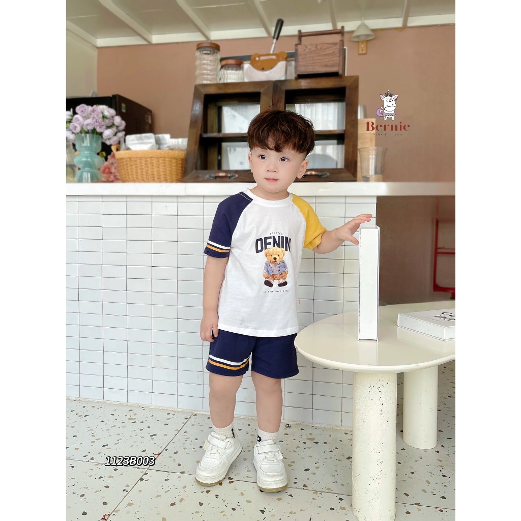 Bộ cotton cộc tay bé trai, bộ thun in hoạ tiết gấu cotton mềm mát cho bé