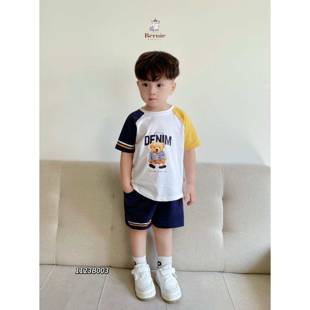 Bộ cotton cộc tay bé trai, bộ thun in hoạ tiết gấu cotton mềm mát cho bé