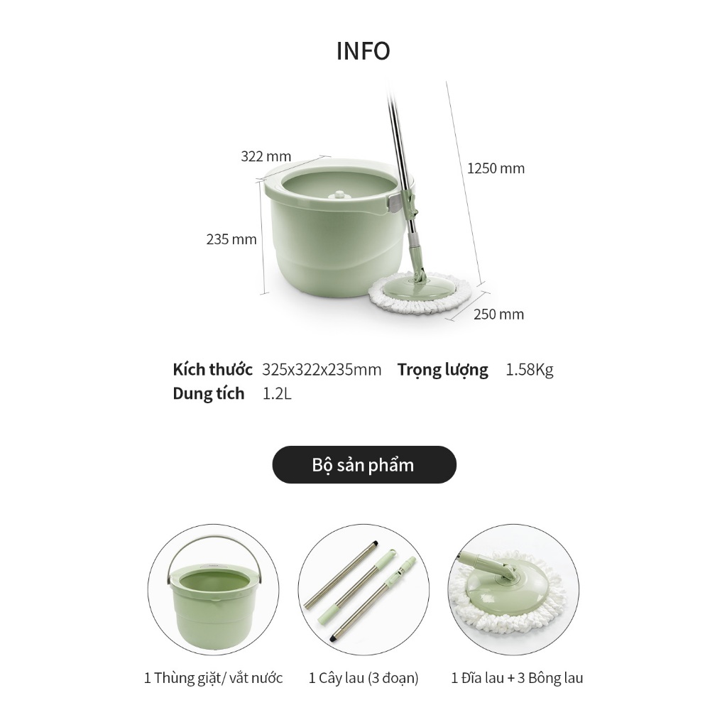 Bộ cây lau nhà LocknLock Mini Spin Mop ETM498MITS2 ,tặng kèm 3 bông lau , Tự Vắt Thông Minh - K-MALL
