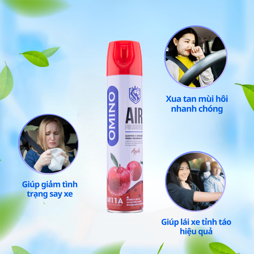 Xịt Thơm Khử Mùi Nội Thất Ô Tô OMINO M11A Hương Táo 330ml Chống Say Xe - Chính Hãng Omino Vietnam