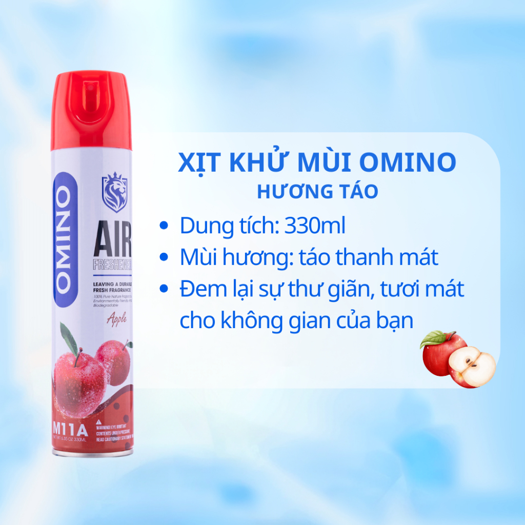 Xịt Thơm Khử Mùi Nội Thất Ô Tô OMINO M11A Hương Táo 330ml Chống Say Xe - Chính Hãng Omino Vietnam
