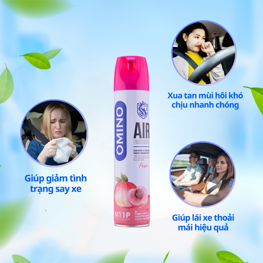 Xịt Hương Đào Khử Mùi Nội Thất Ô Tô OMINO M11P 330ml Chống Say Xe - Chính Hãng Omino Vietnam