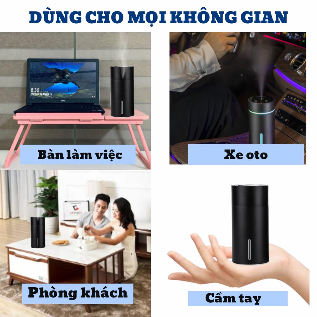 Máy xông tán tinh dầu OMINO 2 chế độ phun sương khử mùi ô tô, bàn làm việc có đèn led [Tặng tinh dầu]