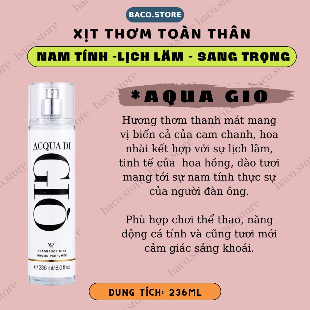 bodymist Nam, Xịt thơm toàn thân Nam tính 236ml Sang trọng, Lịch lãm