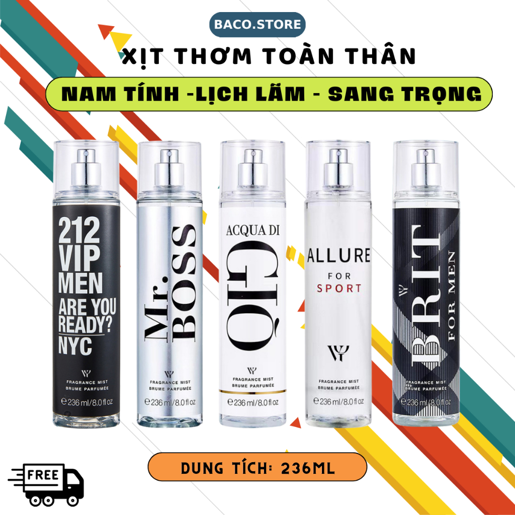 bodymist Nam, Xịt thơm toàn thân Nam tính 236ml Sang trọng, Lịch lãm