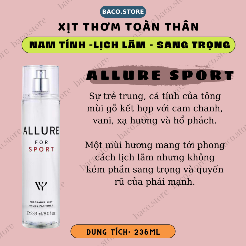 bodymist Nam, Xịt thơm toàn thân Nam tính 236ml Sang trọng, Lịch lãm