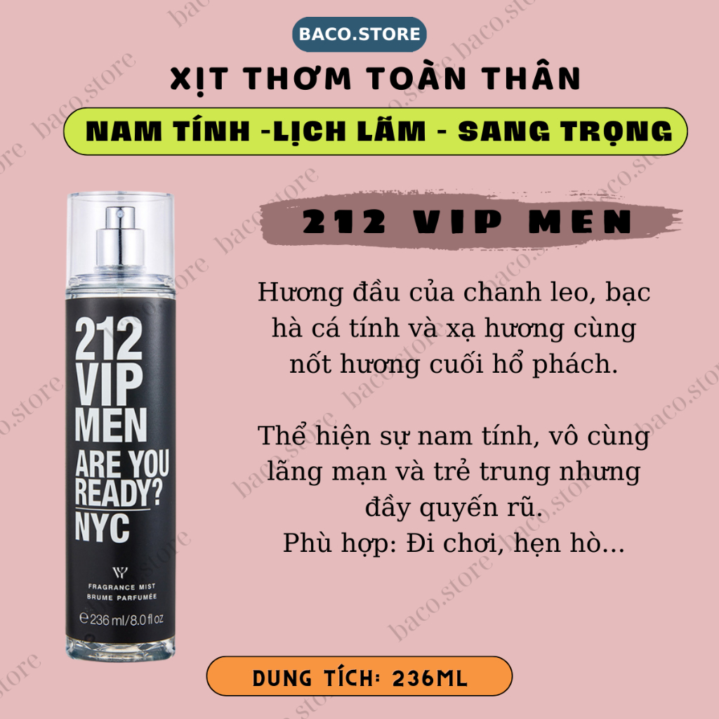 bodymist Nam, Xịt thơm toàn thân Nam tính 236ml Sang trọng, Lịch lãm