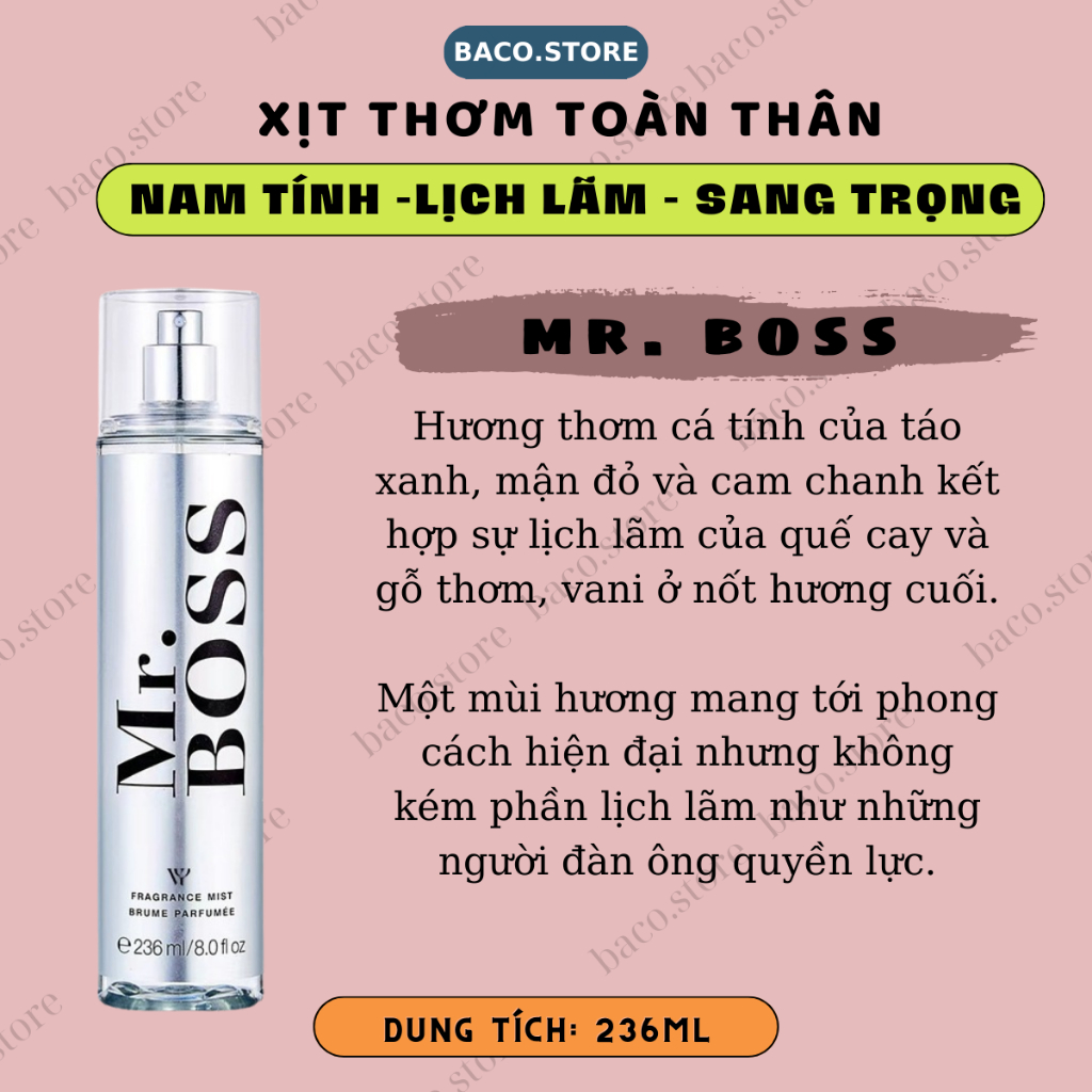bodymist Nam, Xịt thơm toàn thân Nam tính 236ml Sang trọng, Lịch lãm