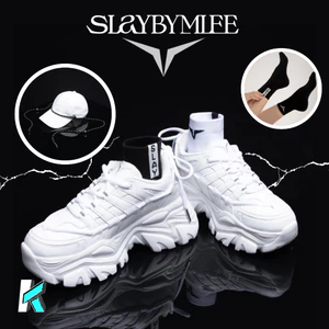 Combo set SLAY BY MLEE bao gồm Giày chunky all-white, mũ thời trang và tất
