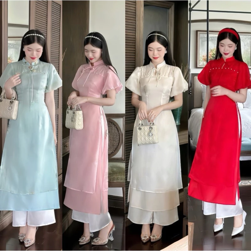 Áo dài cách tân đính ngọc tay bồng