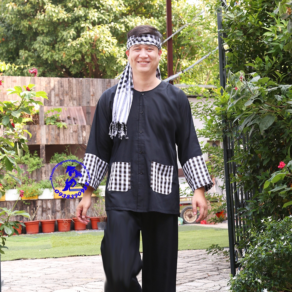 Bộ bà ba cho nam màu đen phối túi và tay áo caro Nam Phương - 1 Set gồm ...