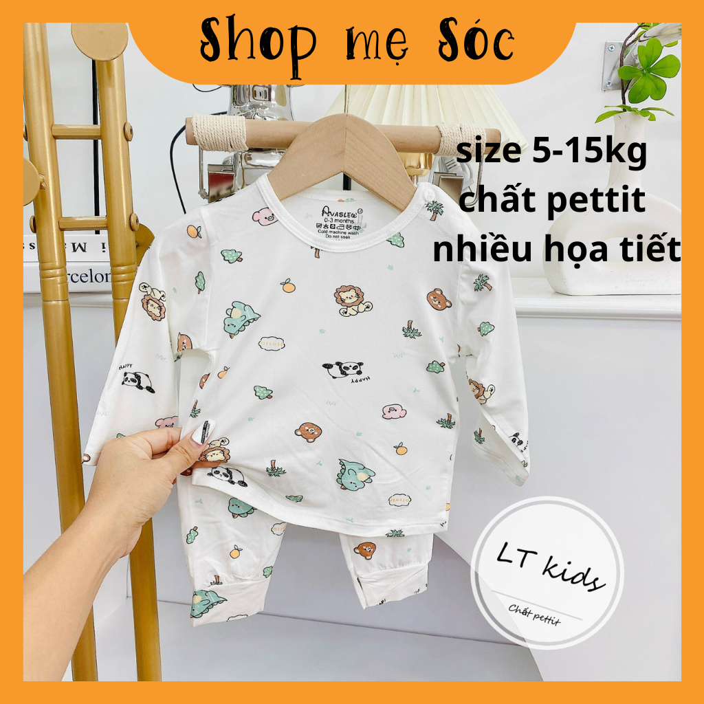 Bộ quần áo dài tay thun lạnh nền trắng họa tiết thú đáng yêu cho bé 4-14kg mesocshop