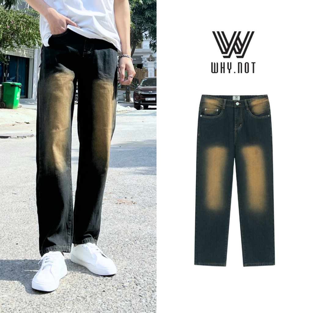 [Có Bigsize]-Quần Jeans Nam Suông WHY.NOT Màu Xanh Cổ Vịt Wash Vàng Cá Tính- Quần Jean Nam Rách Gối