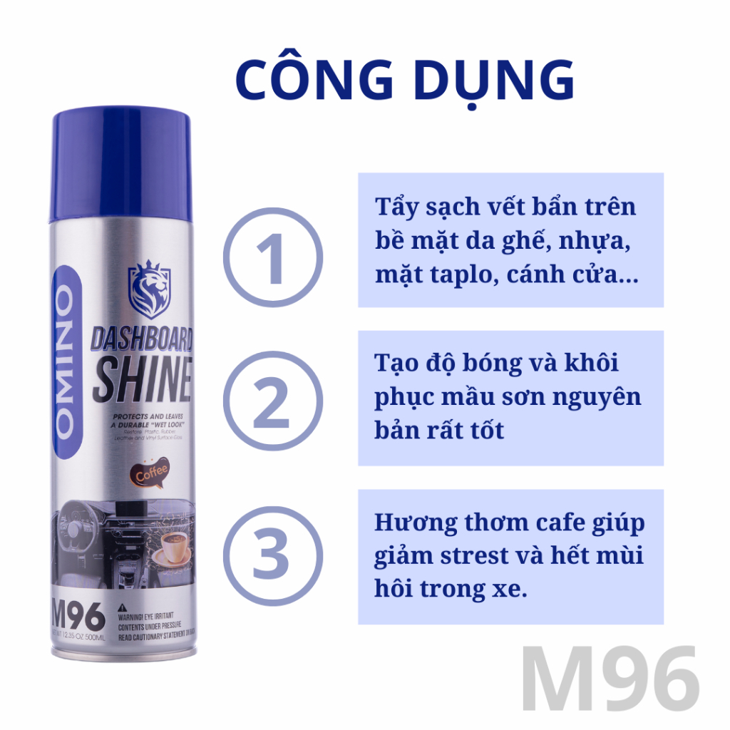 Combo 2 Xịt Dưỡng Bóng Nội Thất, Ghế Da Ô Tô Hương Cafe OMINO M96 500ml - Chính Hãng Omino Vietnam