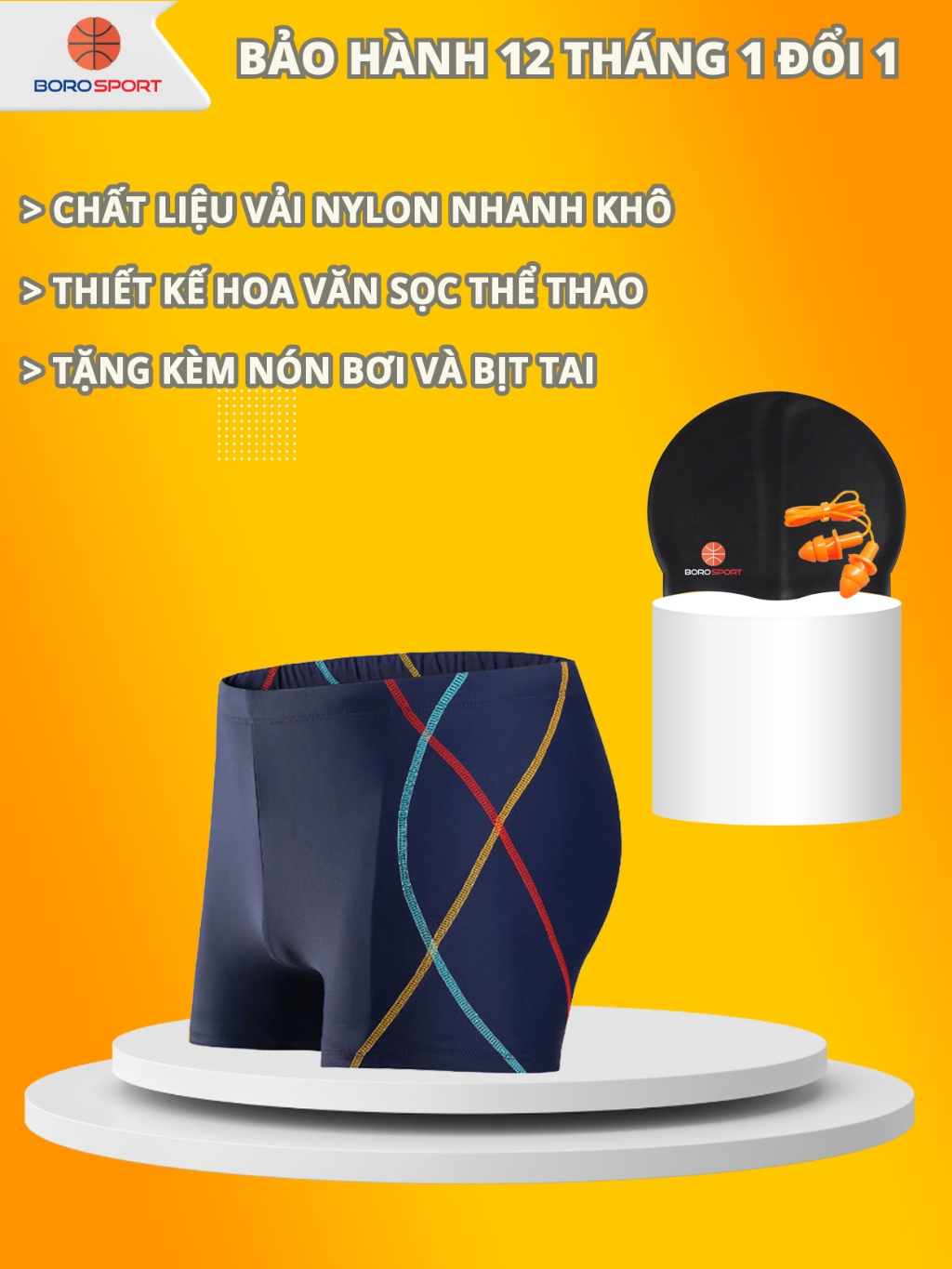 Ảnh Quần Bơi Nam Tặng Kèm Nón Bơi Silicone Quần Bơi Thiết Kế Sọc Chất Liệu Polyester Spandex Cleacco QBS Boro Sport 1