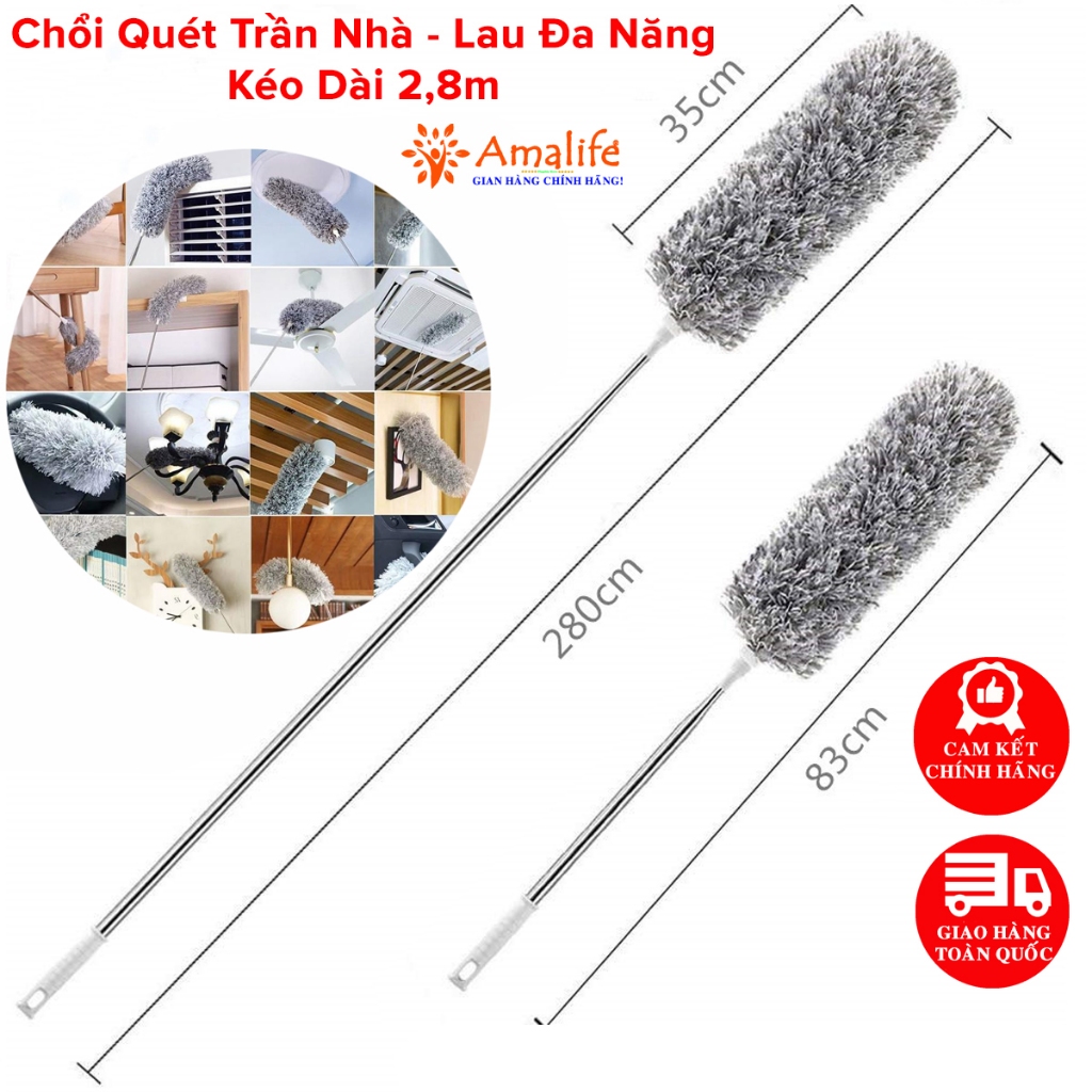 Ảnh Chổi Phất Trần Lau Chùi Quét Trần Nhà Bụi Bẩn Mạng Nhện Trên Cao Có Cán Inox Điều Chỉnh Độ Dài Tới 2,8m Hãng Amalife 1