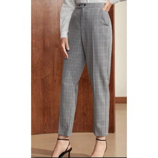 Quần vải dài của nữ, dáng quần baggy vải kẻ màu ghi nhã nhặn, form dáng đẹp lịch sự, cạp quần phối chun dễ chịu