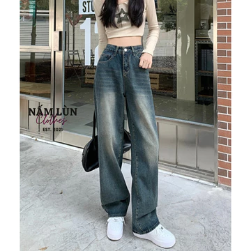 Quần Jean ống rộng Nấm Lùn Clothes Quần jean ống đứng Quần bò ống rộng Quần ống rộng phong cách retro Q013