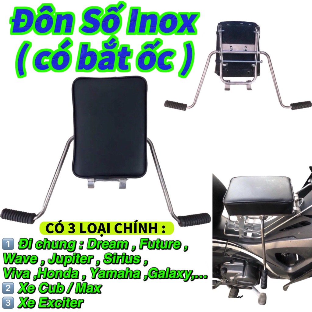 [ ĐÔN SỐ ] Ghế ngồi xe máy số , ghế đôn số inox - Ghế ngồi xe máy em bé - Xe Số, Yên Nệm, Không Tựa, Có Gác Chân