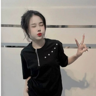 Áo Phông Đính Đá Vuông Khóa Kéo Cổ Chất Liệu Cotton Hotrend - Áo Thun Nam Nữ Fom Rộng Dáng Đẹp Thời Trang Nữ Unisex